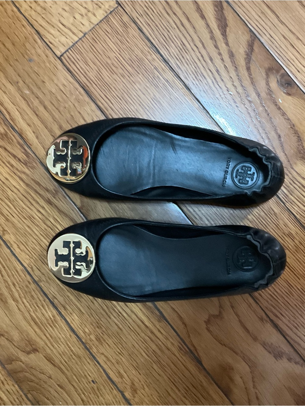 Tory Burch Black Leather Ballet Flats with Gold Logo Medallion